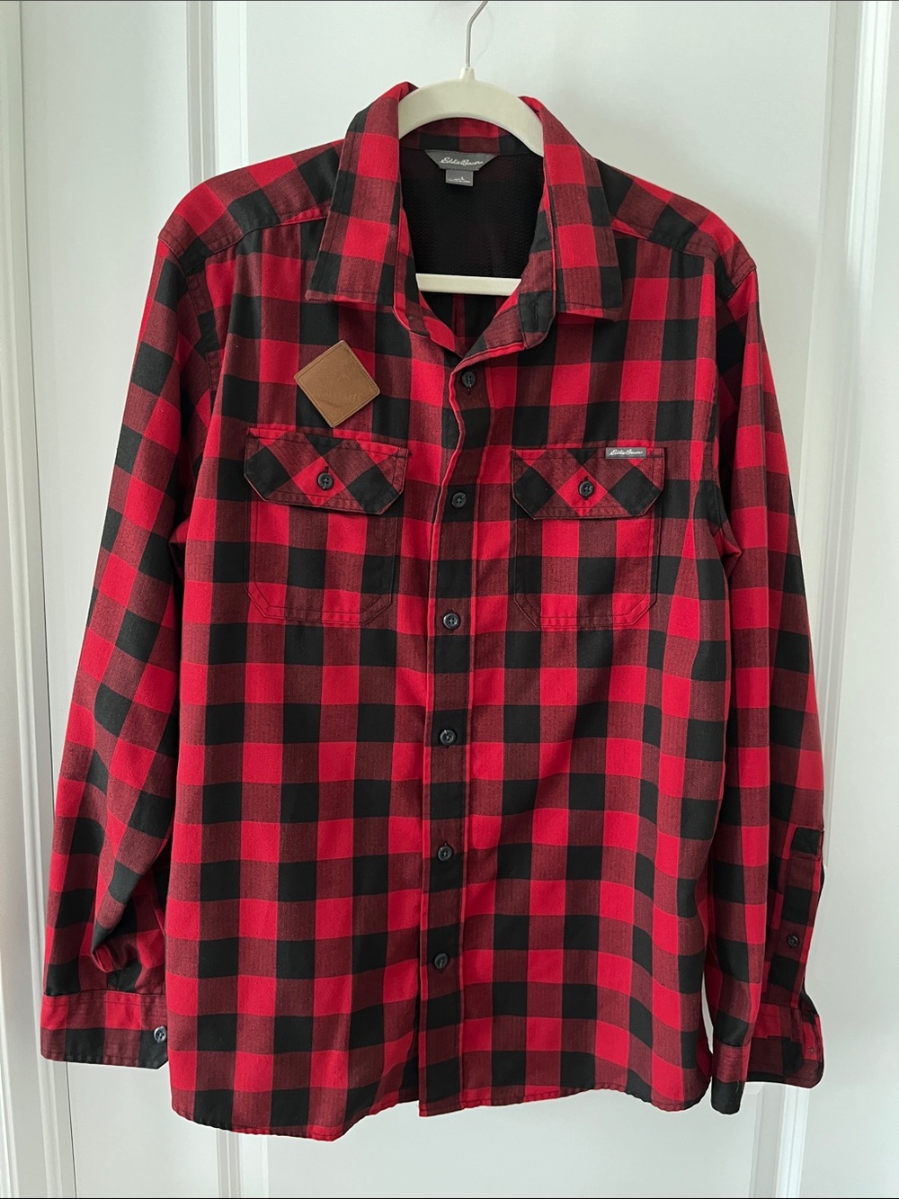 Eddie Bauer Plaid Button-Down Shirt Jacket Leather Bear Emblem Kodiak NWOT RARE